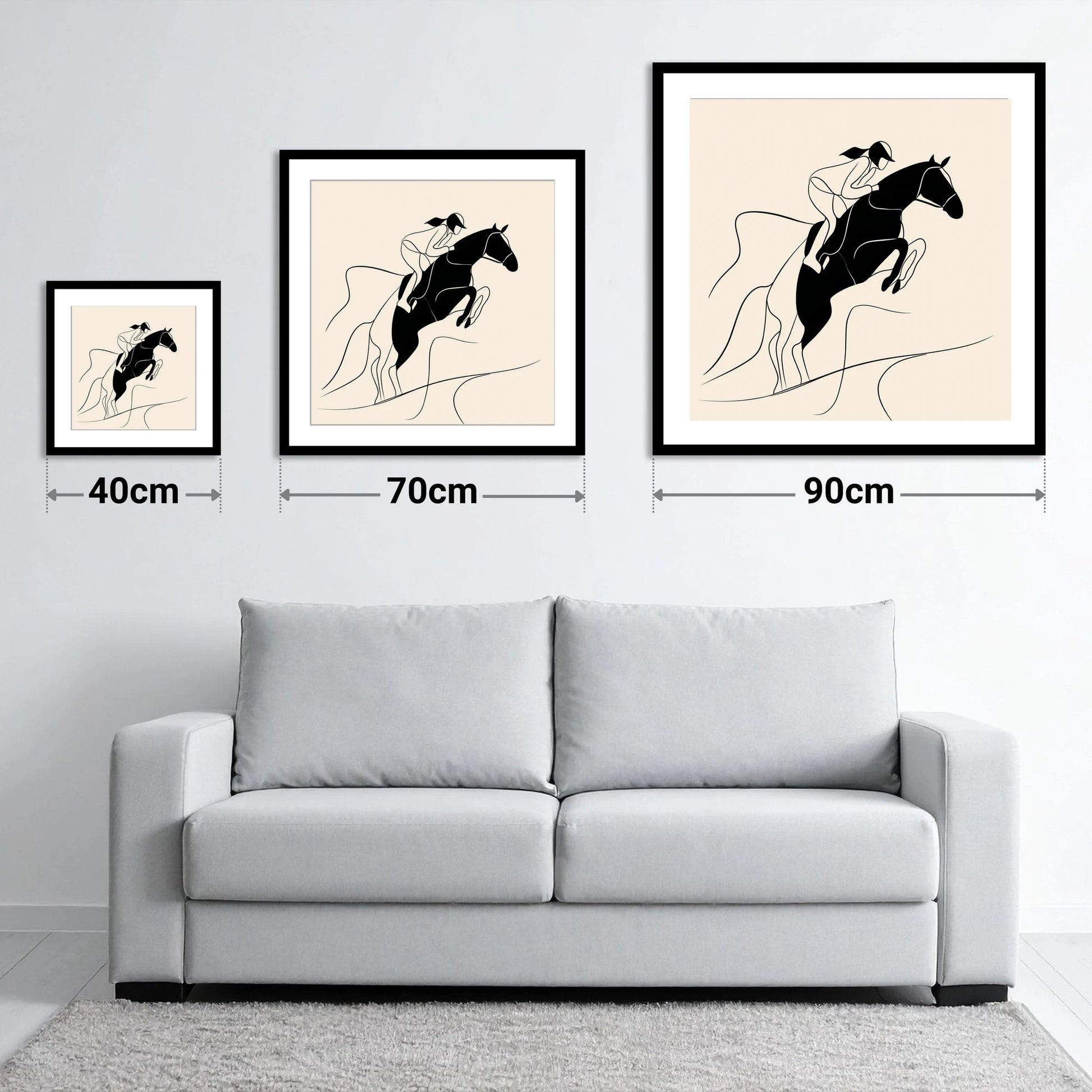 Fluid Ascent - size guide showing 40cm, 70cm and 90cm art prints
