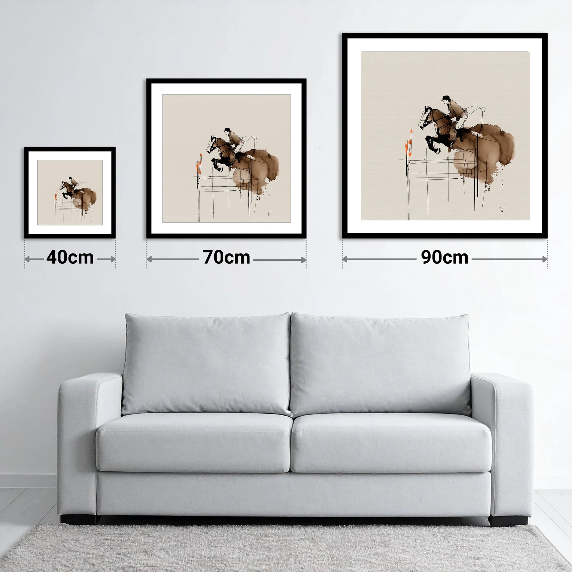 Dynamic Showjumping Flight - size guide showing 40cm, 70cm and 90cm art prints