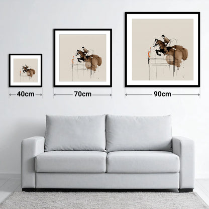 Dynamic Showjumping Flight - size guide showing 40cm, 70cm and 90cm art prints