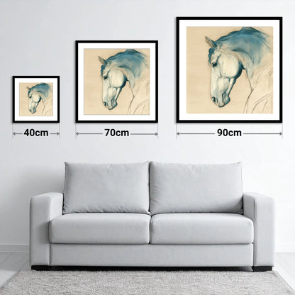 Teal Wash Equine Profile - size guide showing 40cm, 70cm and 90cm art prints