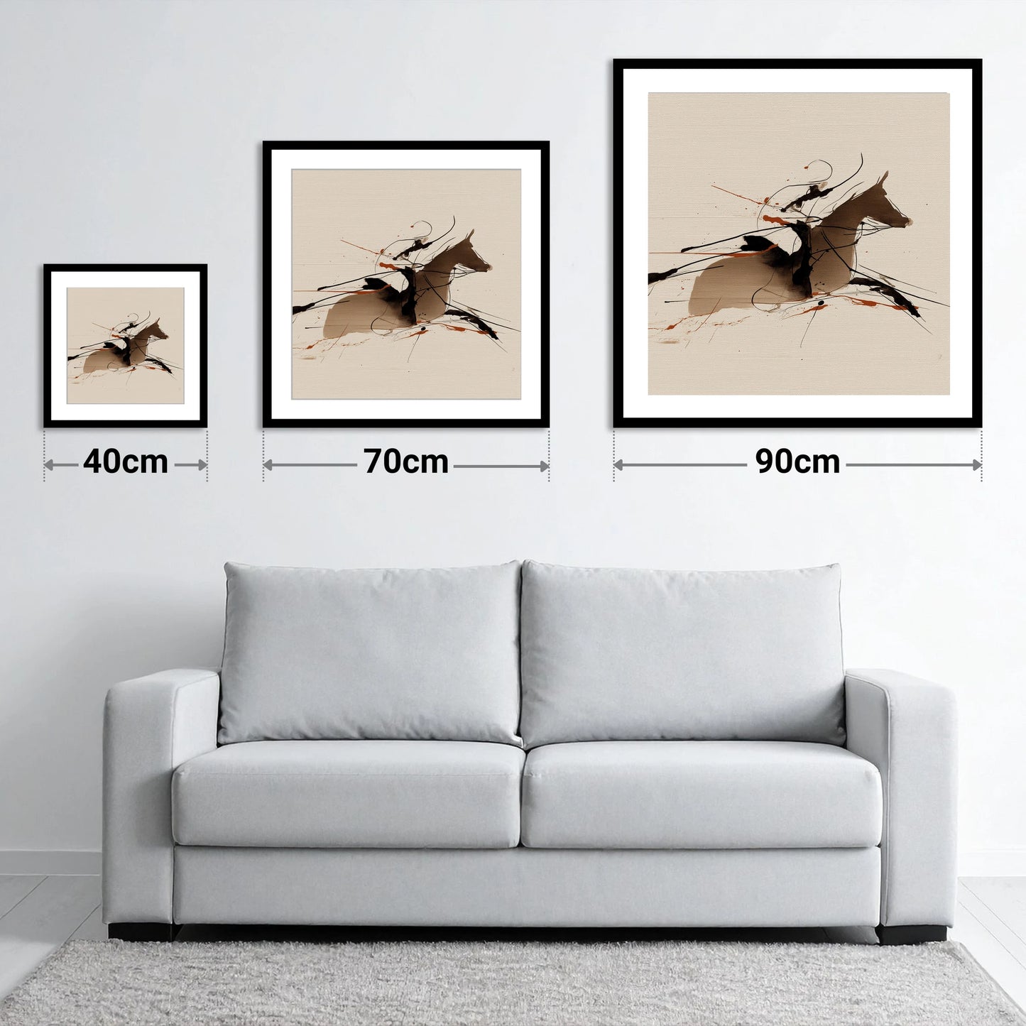 Velocity in Sepia - size guide showing 40cm, 70cm and 90cm art prints