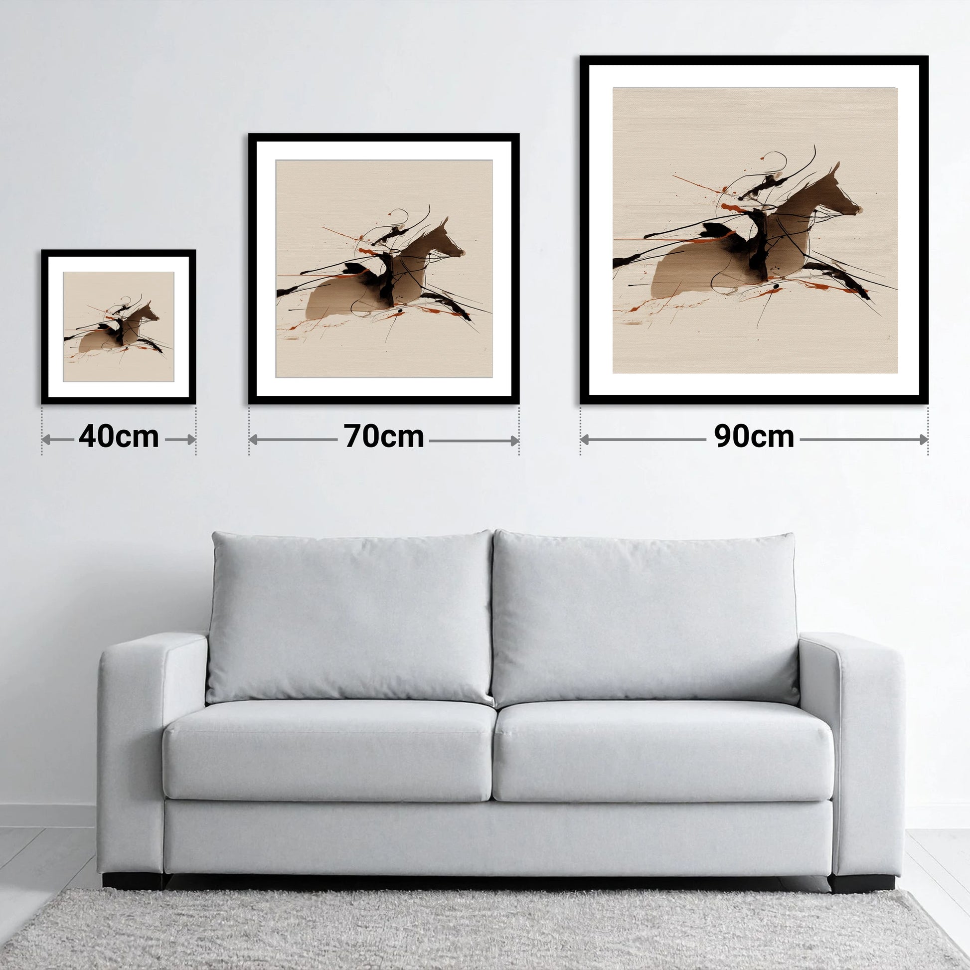 Velocity in Sepia - size guide showing 40cm, 70cm and 90cm art prints