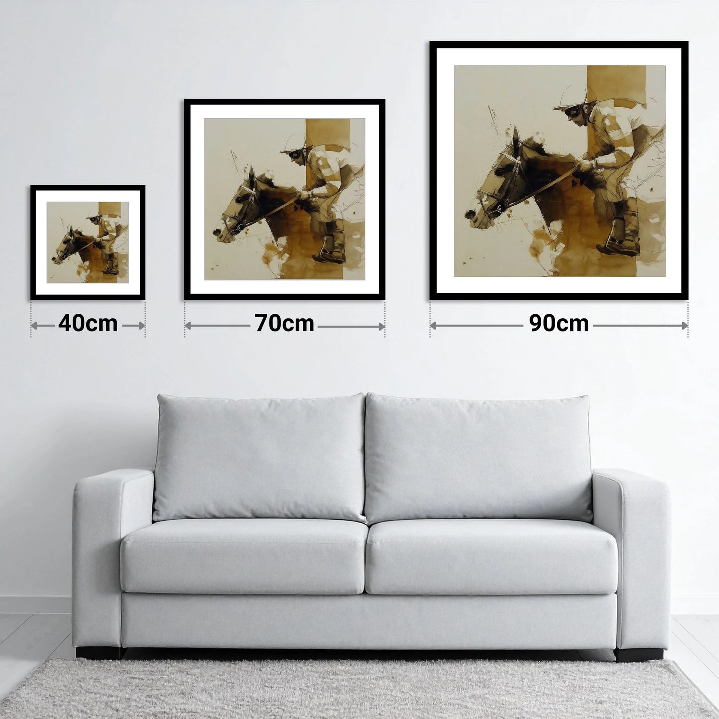 Pace in Profile - size guide showing 40cm, 70cm and 90cm art prints