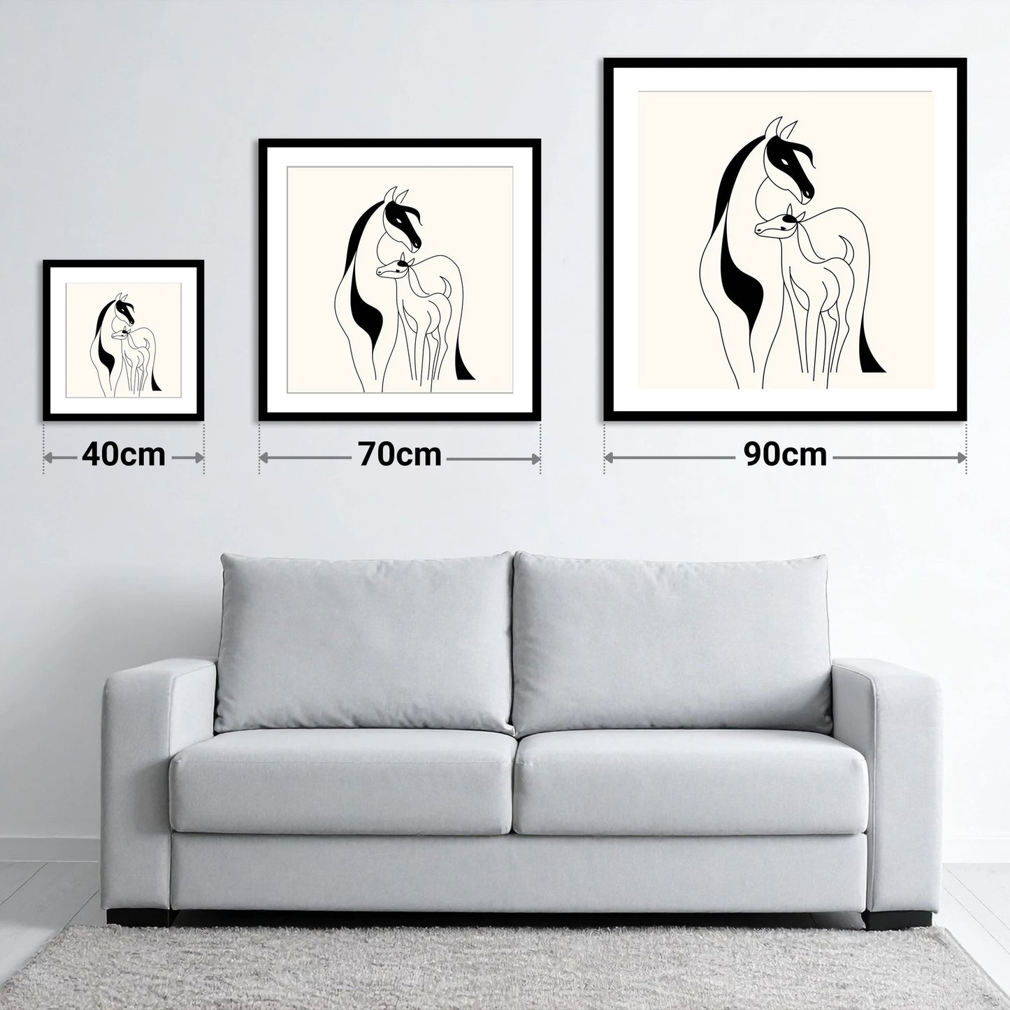 Tender Equine Silhouette - size guide showing 40cm, 70cm and 90cm art prints