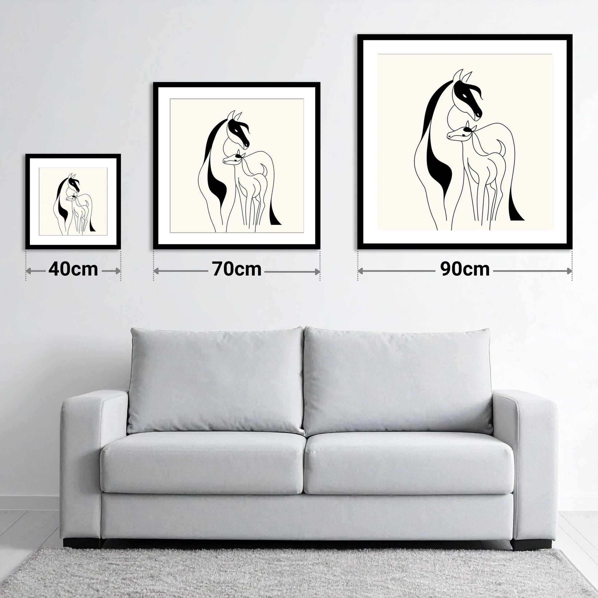 Tender Equine Silhouette - size guide showing 40cm, 70cm and 90cm art prints