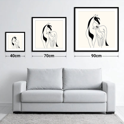 Tender Equine Silhouette - size guide showing 40cm, 70cm and 90cm art prints