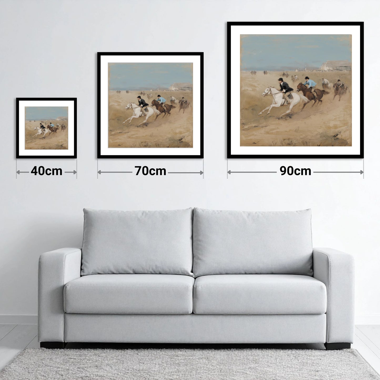 Galloping on the Sands - size guide showing 40cm, 70cm and 90cm art prints