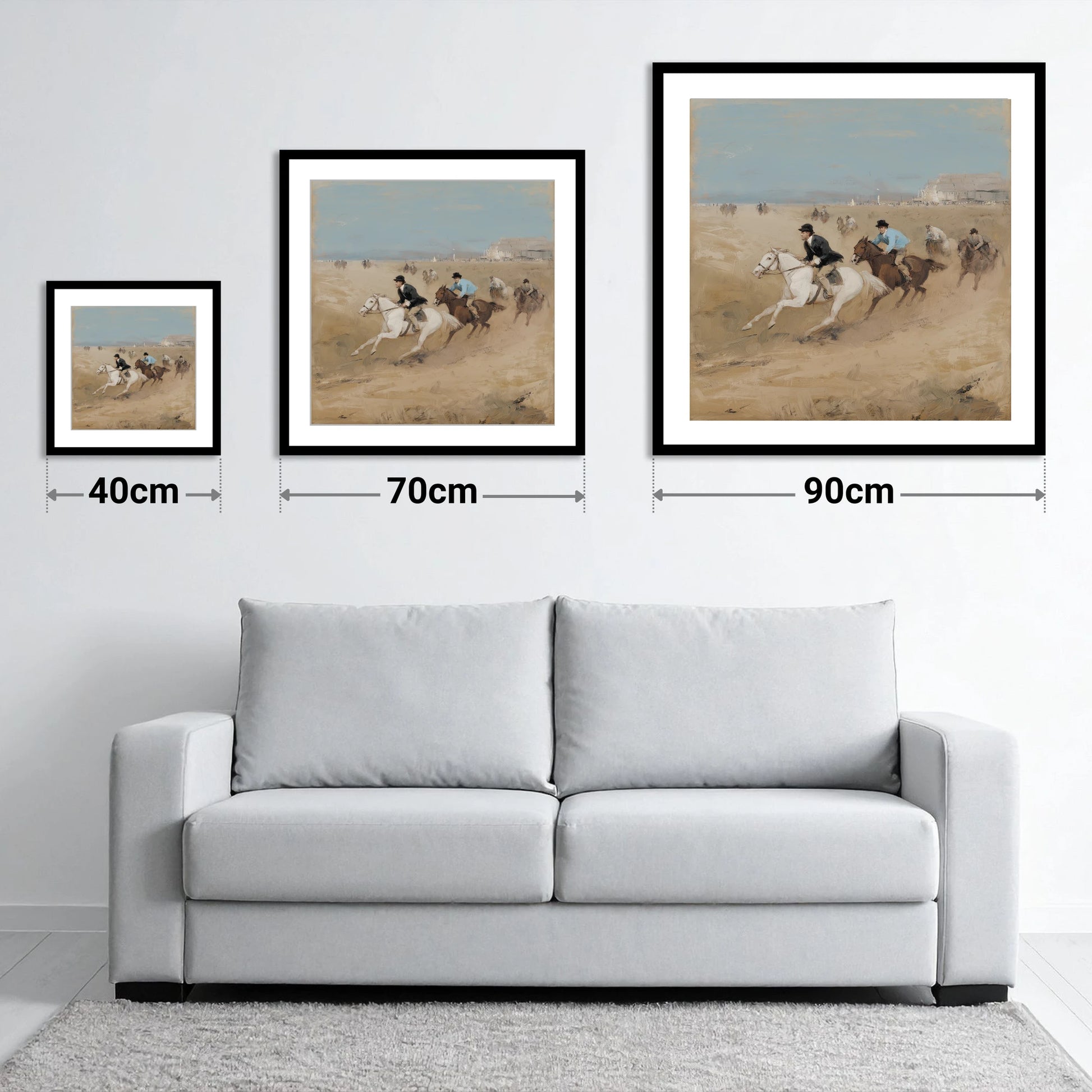Galloping on the Sands - size guide showing 40cm, 70cm and 90cm art prints