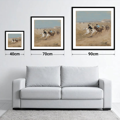 Galloping on the Sands - size guide showing 40cm, 70cm and 90cm art prints