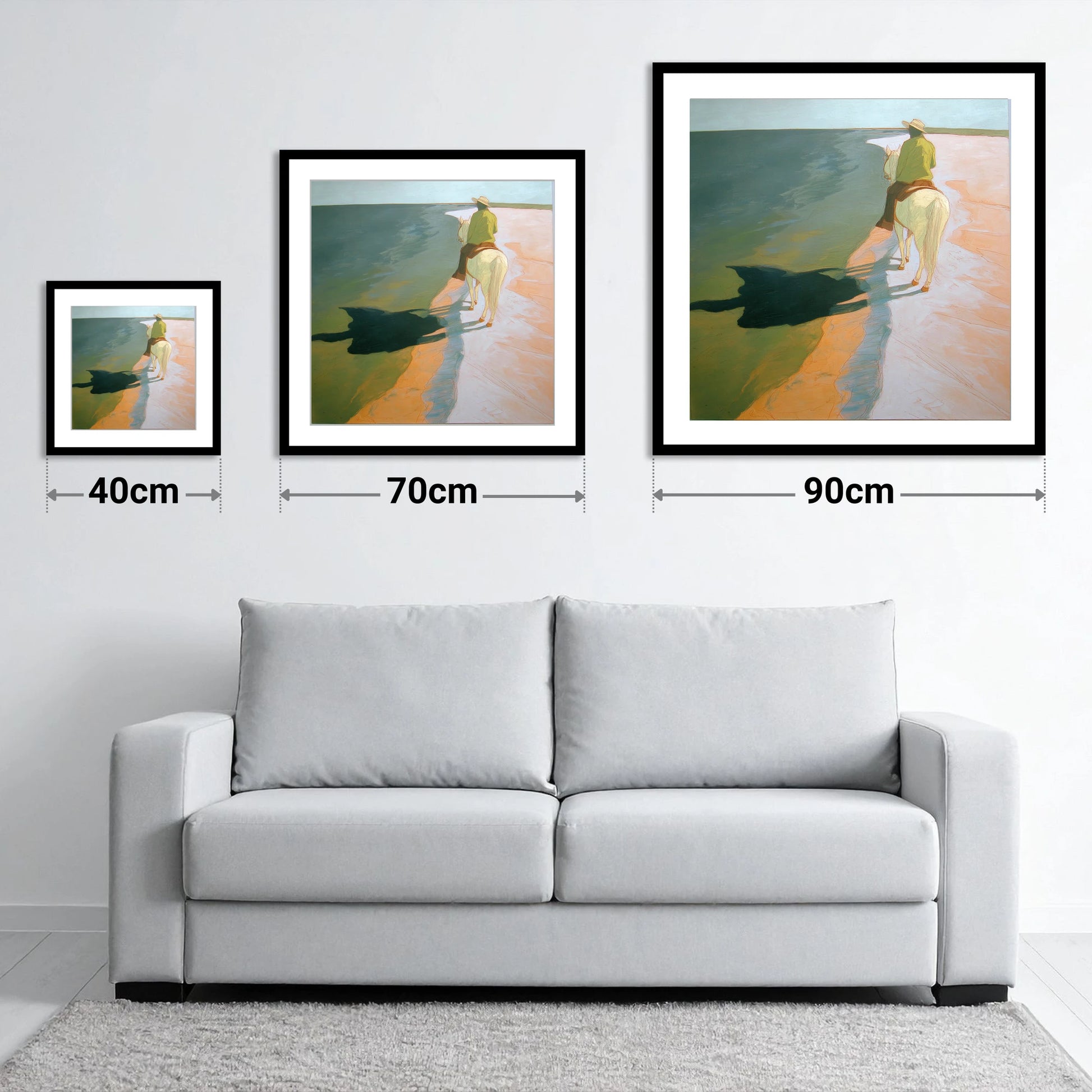 Tide Line Shadows - size guide showing 40cm, 70cm and 90cm art prints