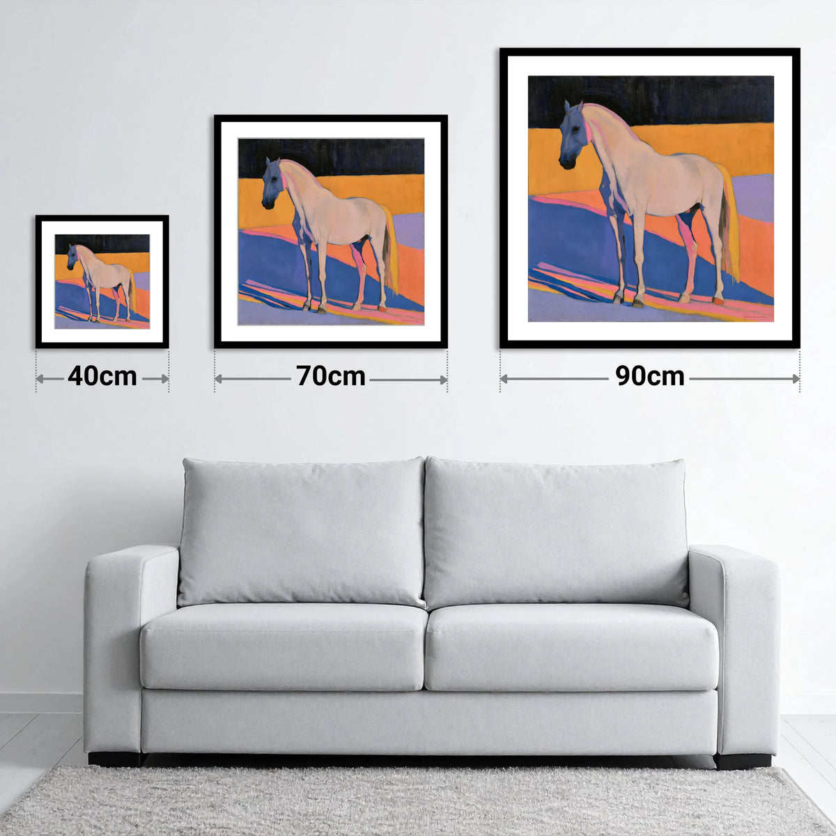 Colour Block Abstract Grey Horse - size guide showing 40cm, 70cm and 90cm art prints