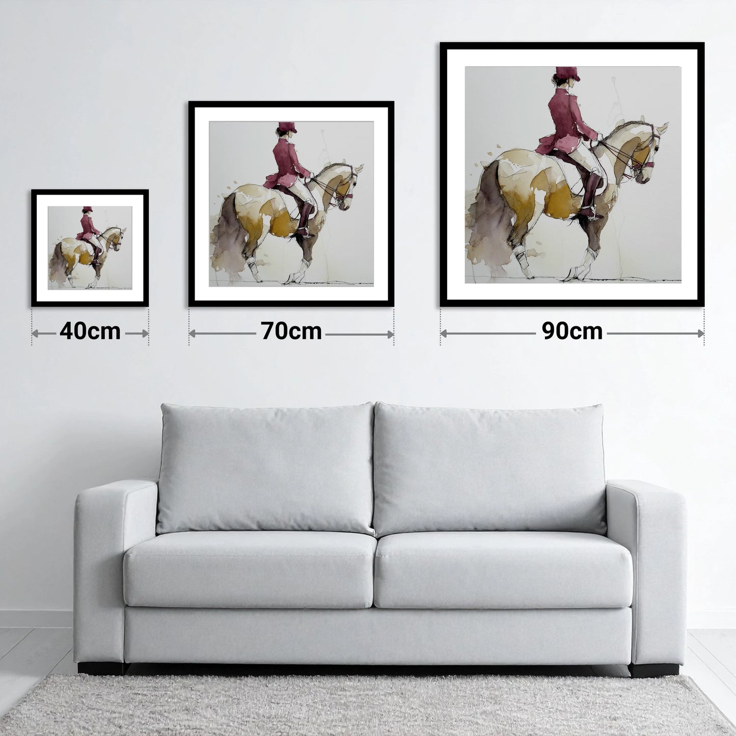 The Collected Frame - size guide showing 40cm, 70cm and 90cm art prints