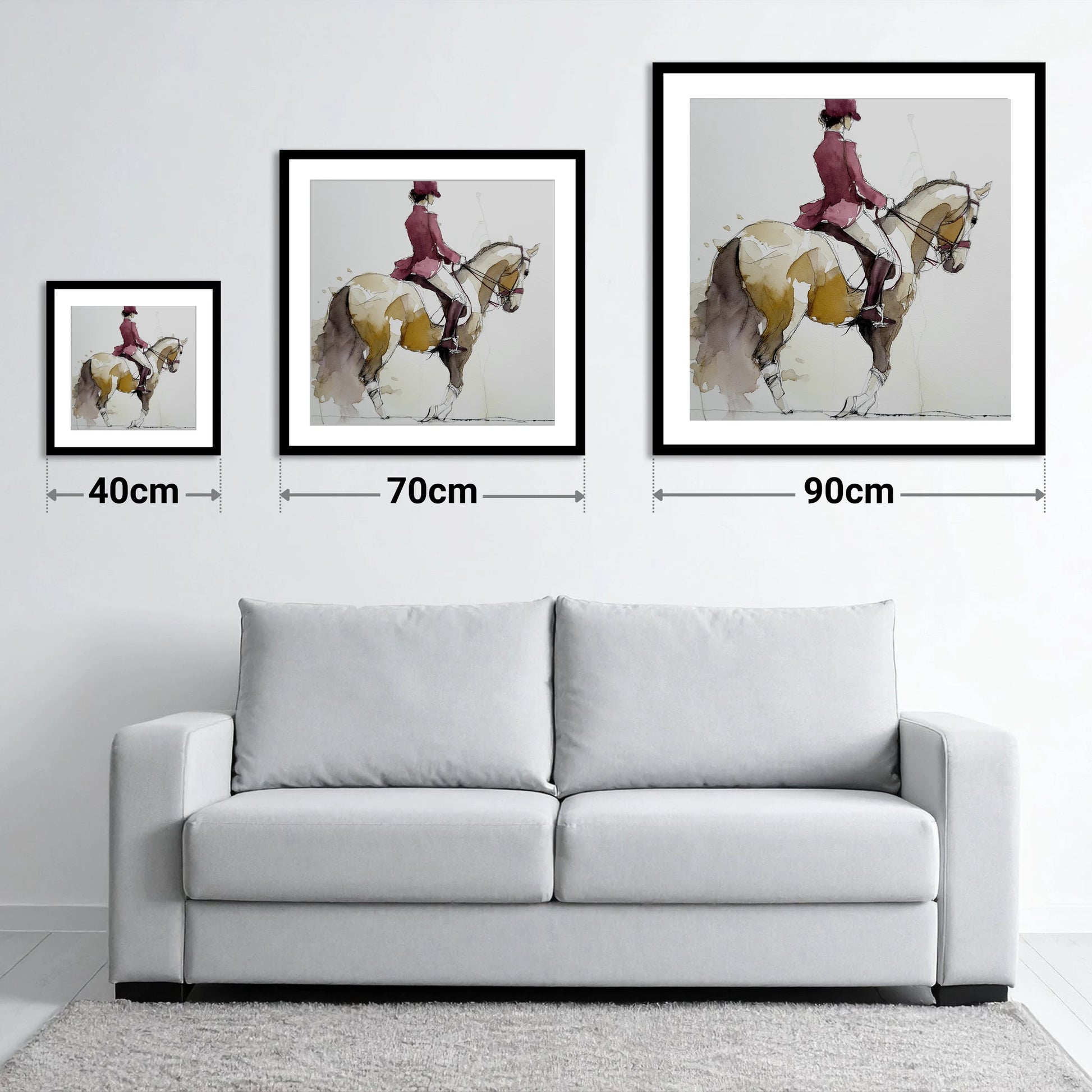 The Collected Frame - size guide showing 40cm, 70cm and 90cm art prints