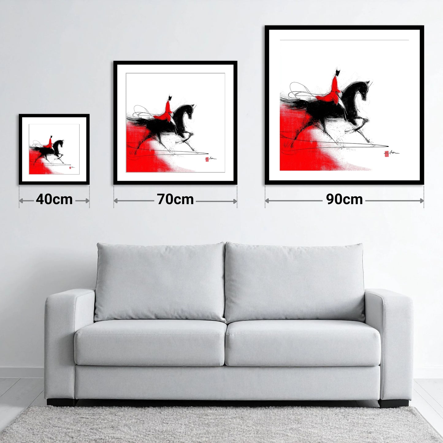Silhouette in Crimson - size guide showing 40cm, 70cm and 90cm art prints