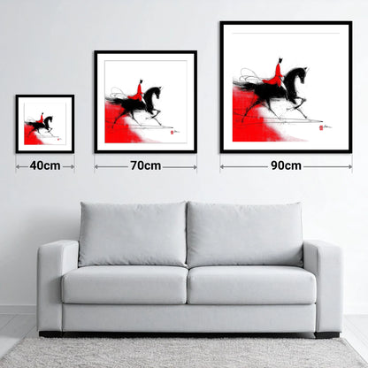 Silhouette in Crimson - size guide showing 40cm, 70cm and 90cm art prints