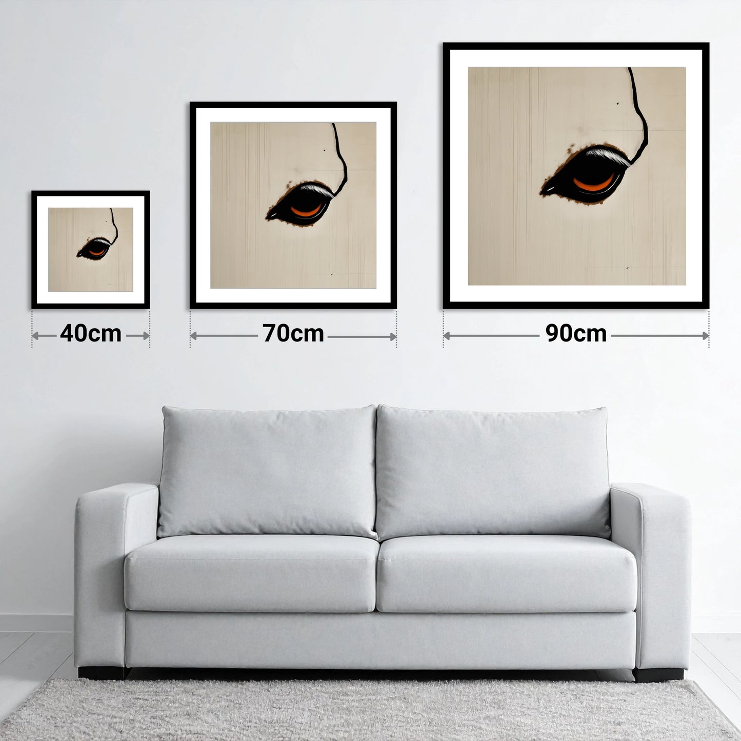 The Amber Gaze - size guide showing 40cm, 70cm and 90cm art prints