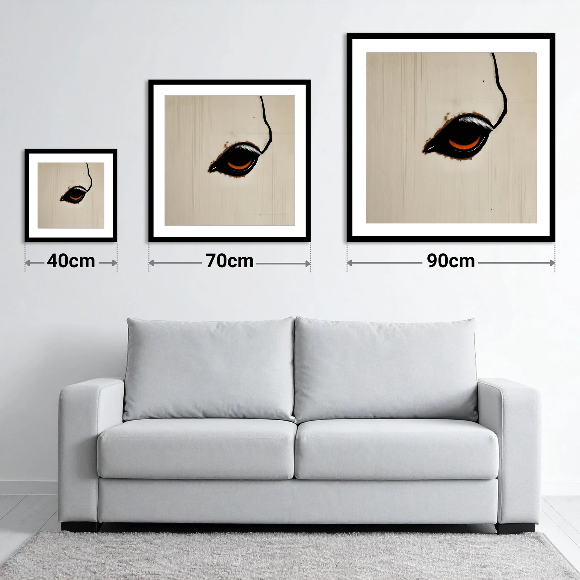 The Amber Gaze - size guide showing 40cm, 70cm and 90cm art prints