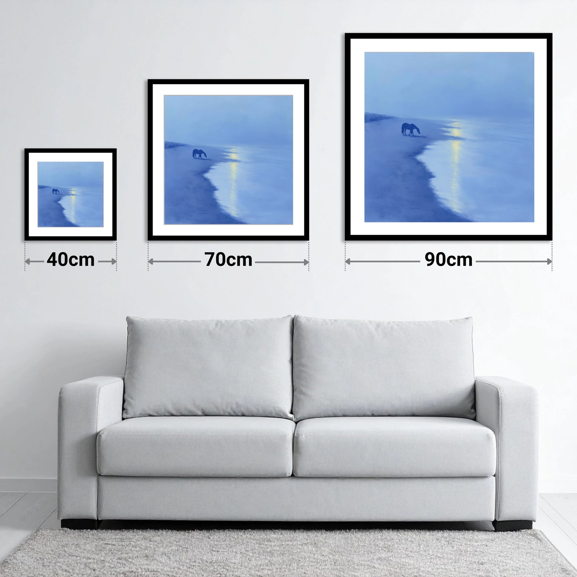Solitude By The Shore - size guide showing 40cm, 70cm and 90cm art prints