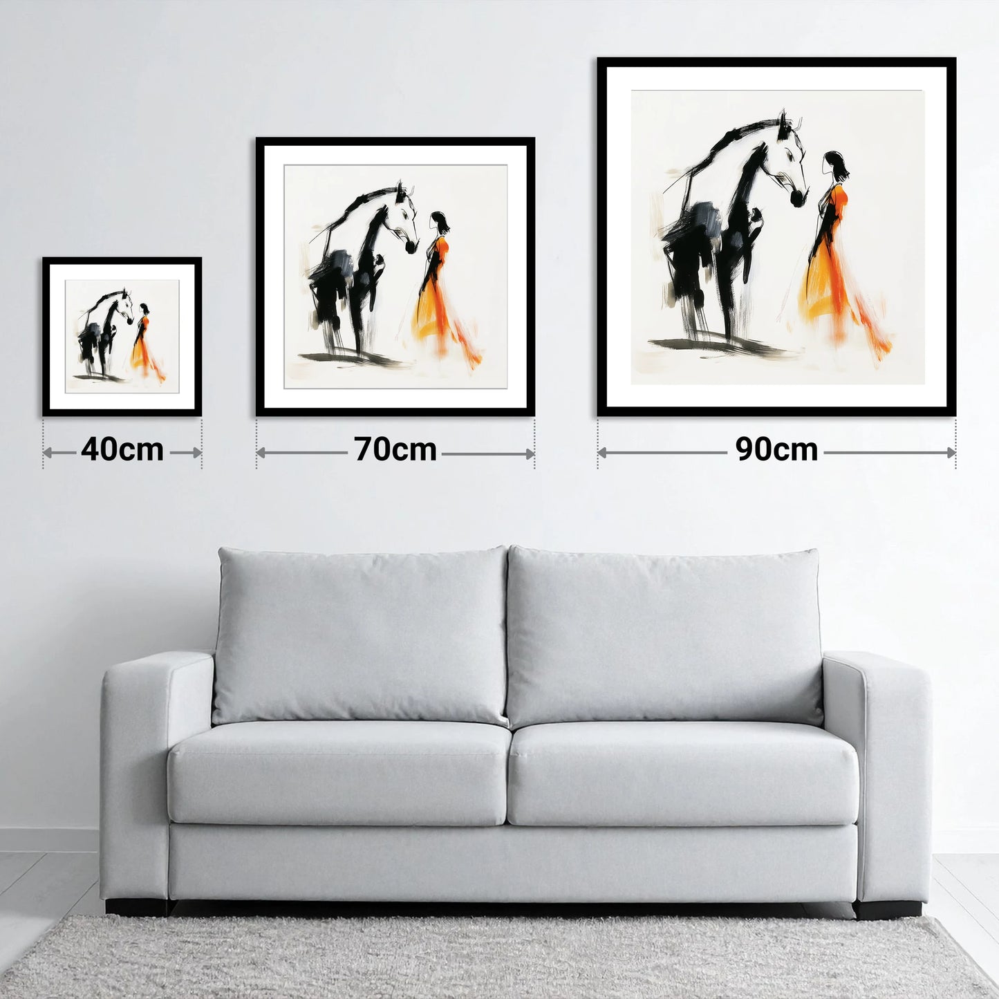 The Silent Connection - size guide showing 40cm, 70cm and 90cm art prints
