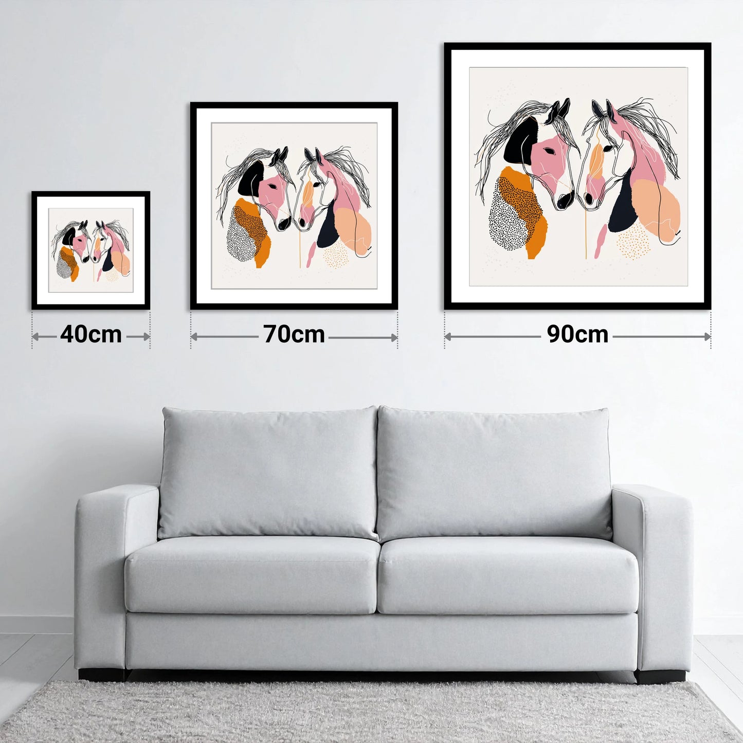 Contemporary Equine Connection - size guide showing 40cm, 70cm and 90cm art prints