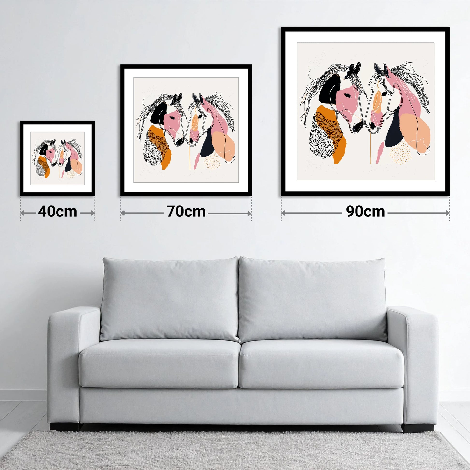 Contemporary Equine Connection - size guide showing 40cm, 70cm and 90cm art prints