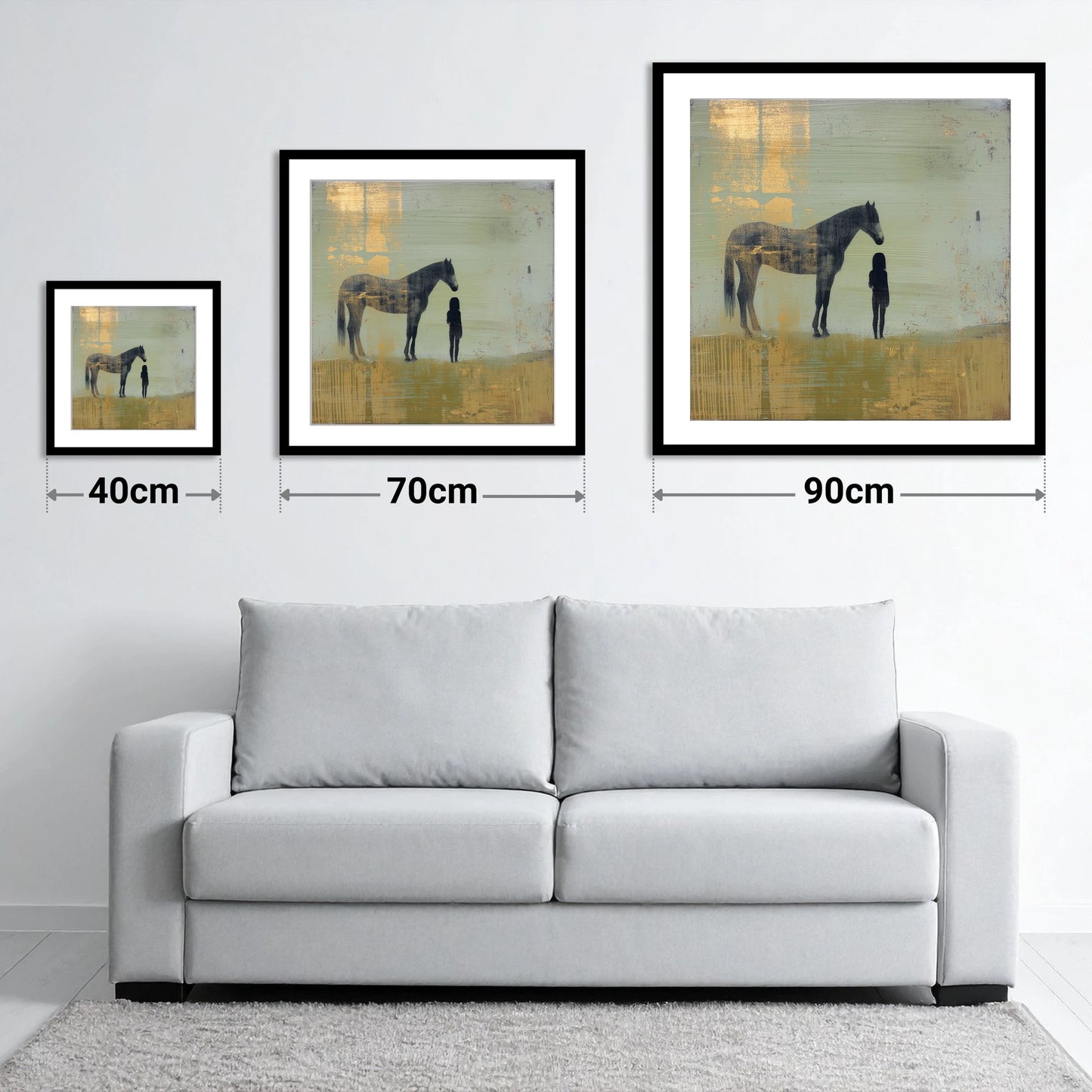 Gilded Connection - size guide showing 40cm, 70cm and 90cm art prints
