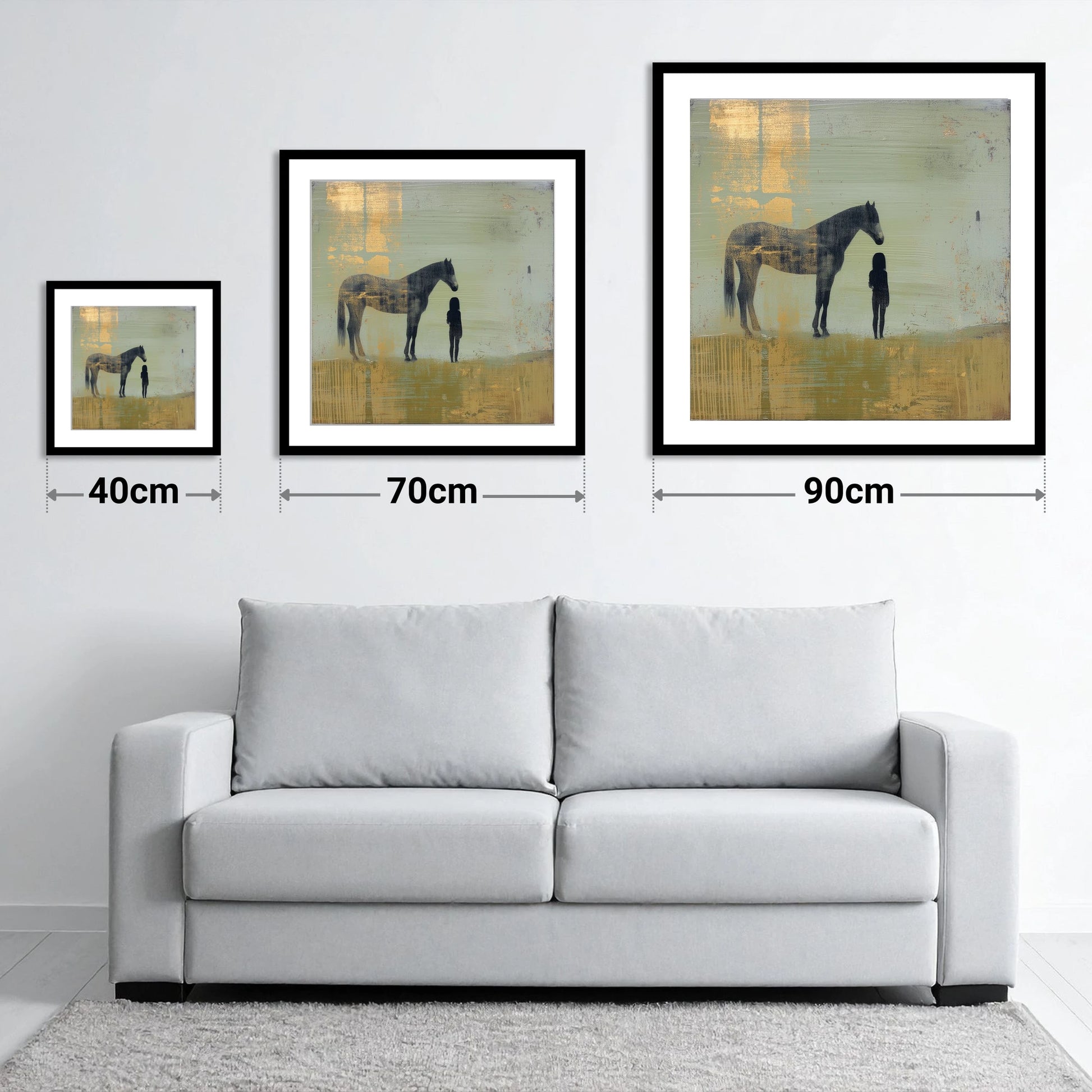 Gilded Connection - size guide showing 40cm, 70cm and 90cm art prints