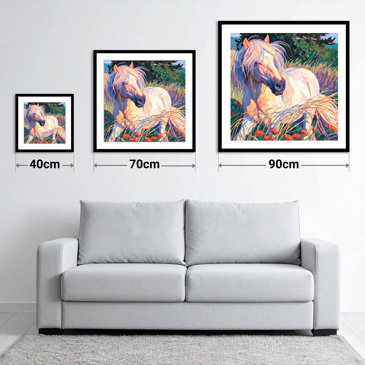 Colourful Horse In Poppy Meadow - size guide showing 40cm, 70cm and 90cm art prints