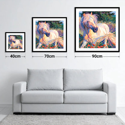 Colourful Horse In Poppy Meadow - size guide showing 40cm, 70cm and 90cm art prints