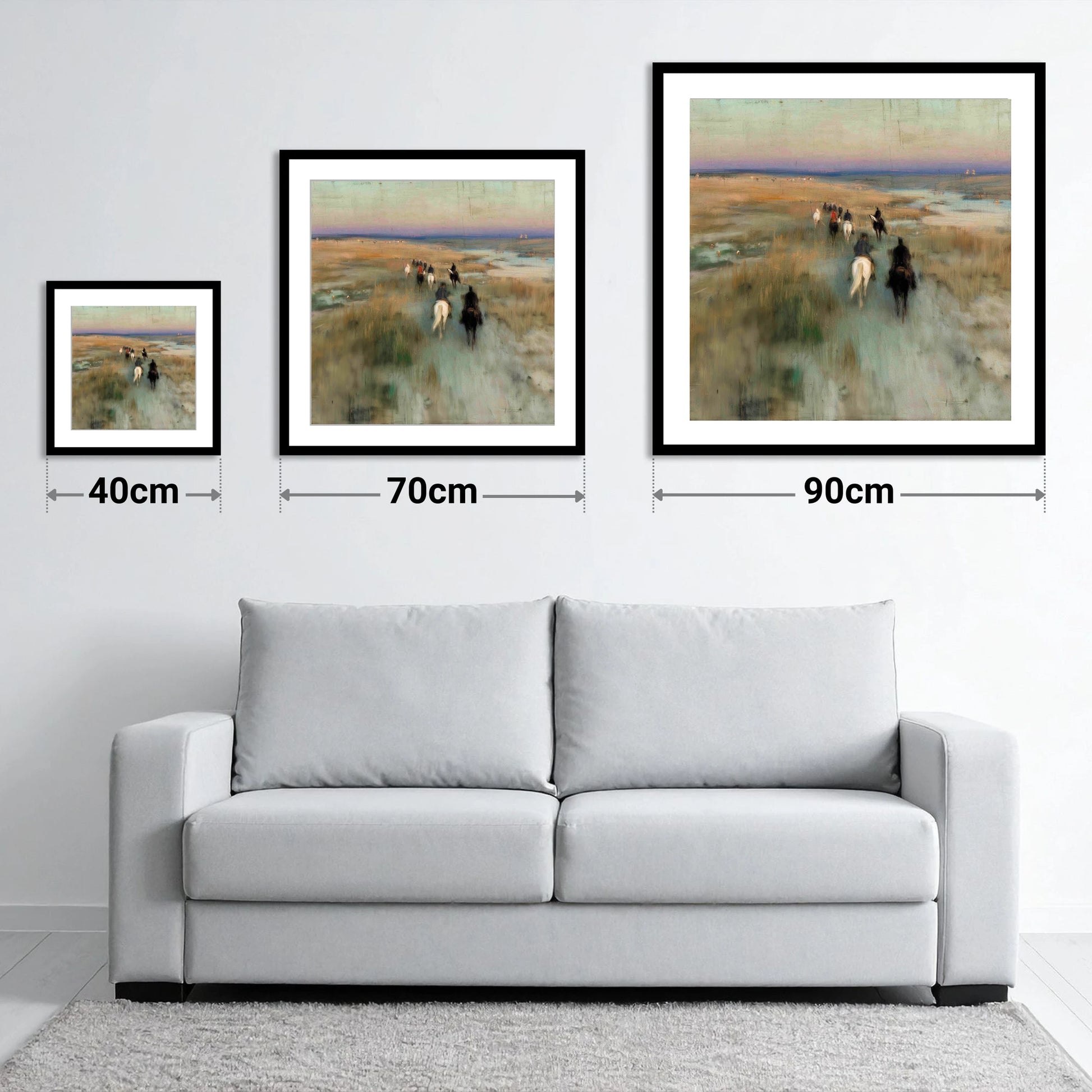 The Dawn String - size guide showing 40cm, 70cm and 90cm art prints
