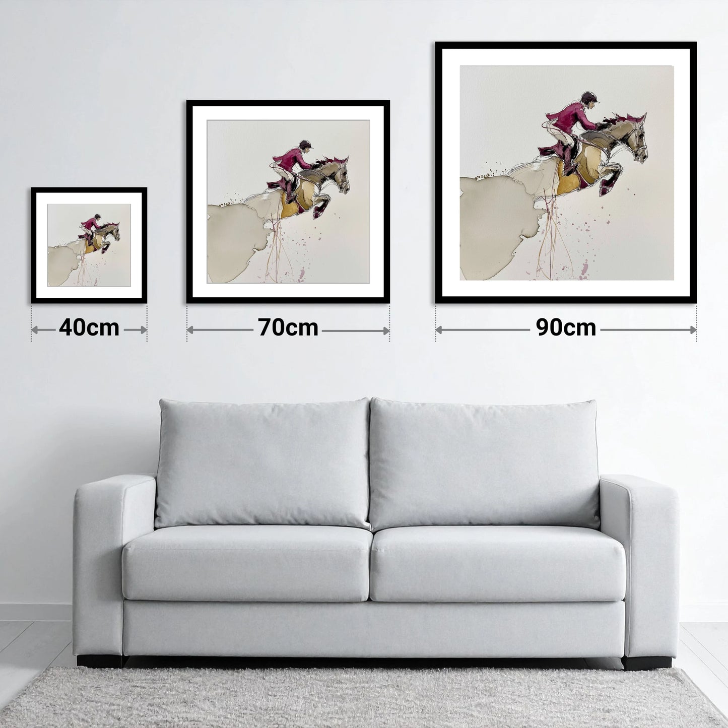 Burgundy Flight - size guide showing 40cm, 70cm and 90cm art prints