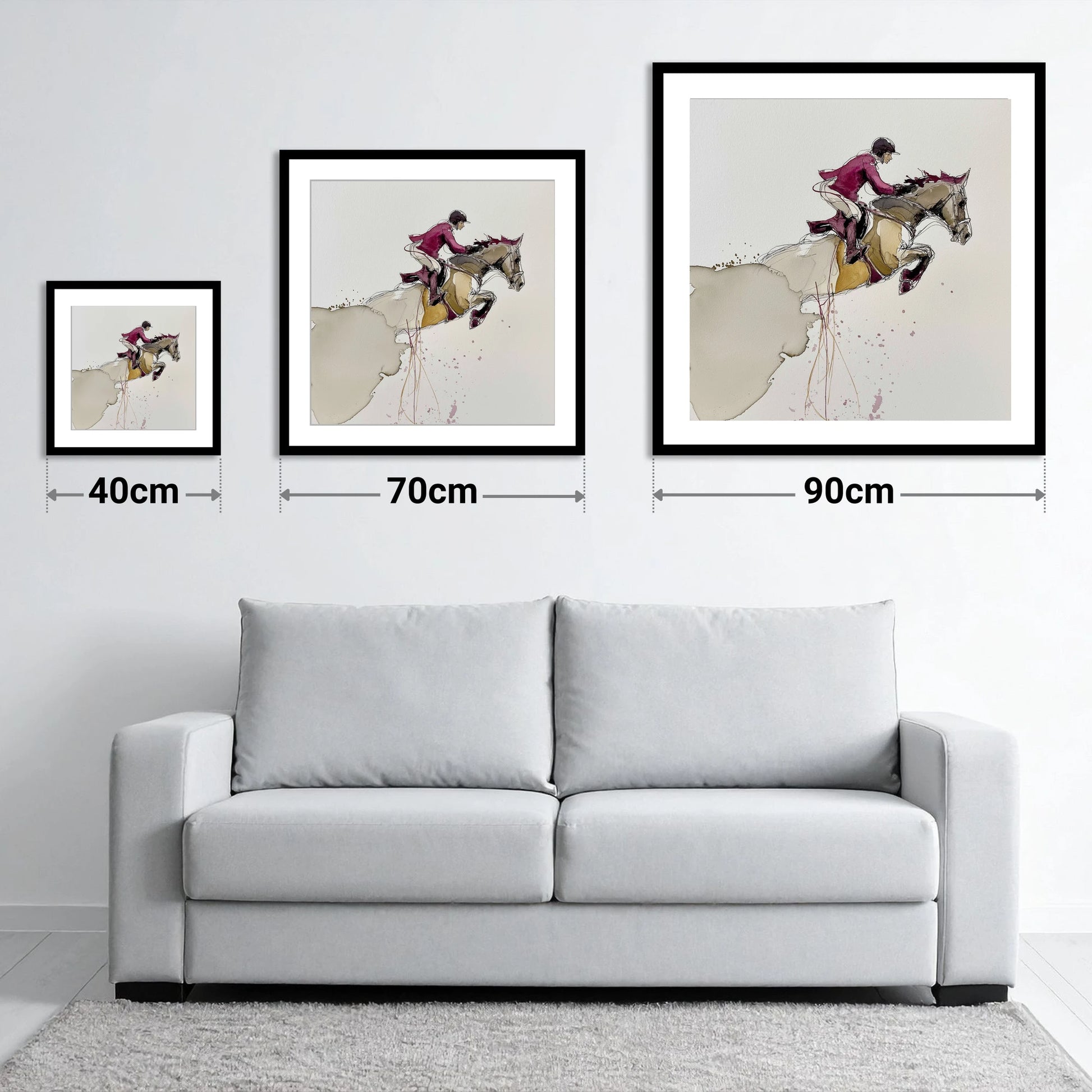 Burgundy Flight - size guide showing 40cm, 70cm and 90cm art prints