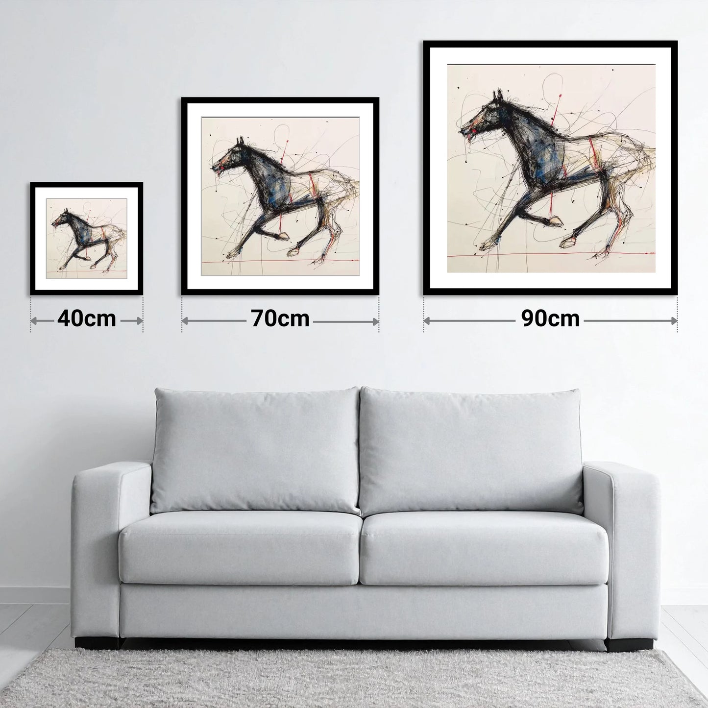 Racing Pulse - size guide showing 40cm, 70cm and 90cm art prints