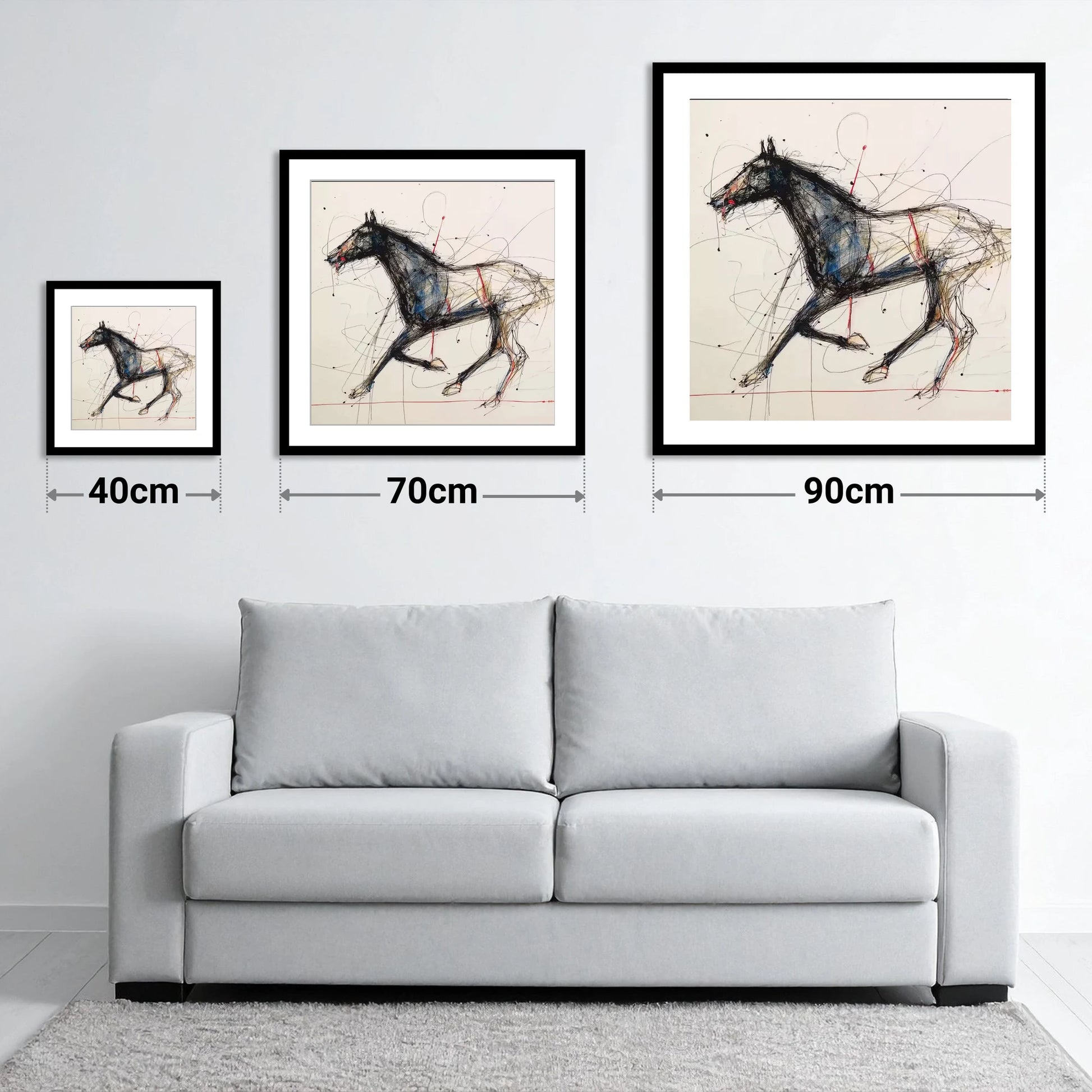 Racing Pulse - size guide showing 40cm, 70cm and 90cm art prints