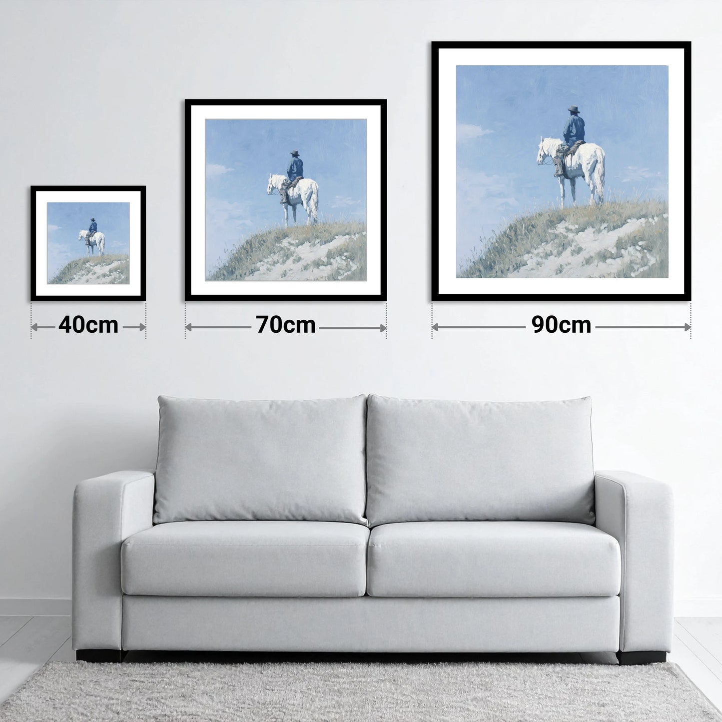 Solitude on the Ridge - size guide showing 40cm, 70cm and 90cm art prints