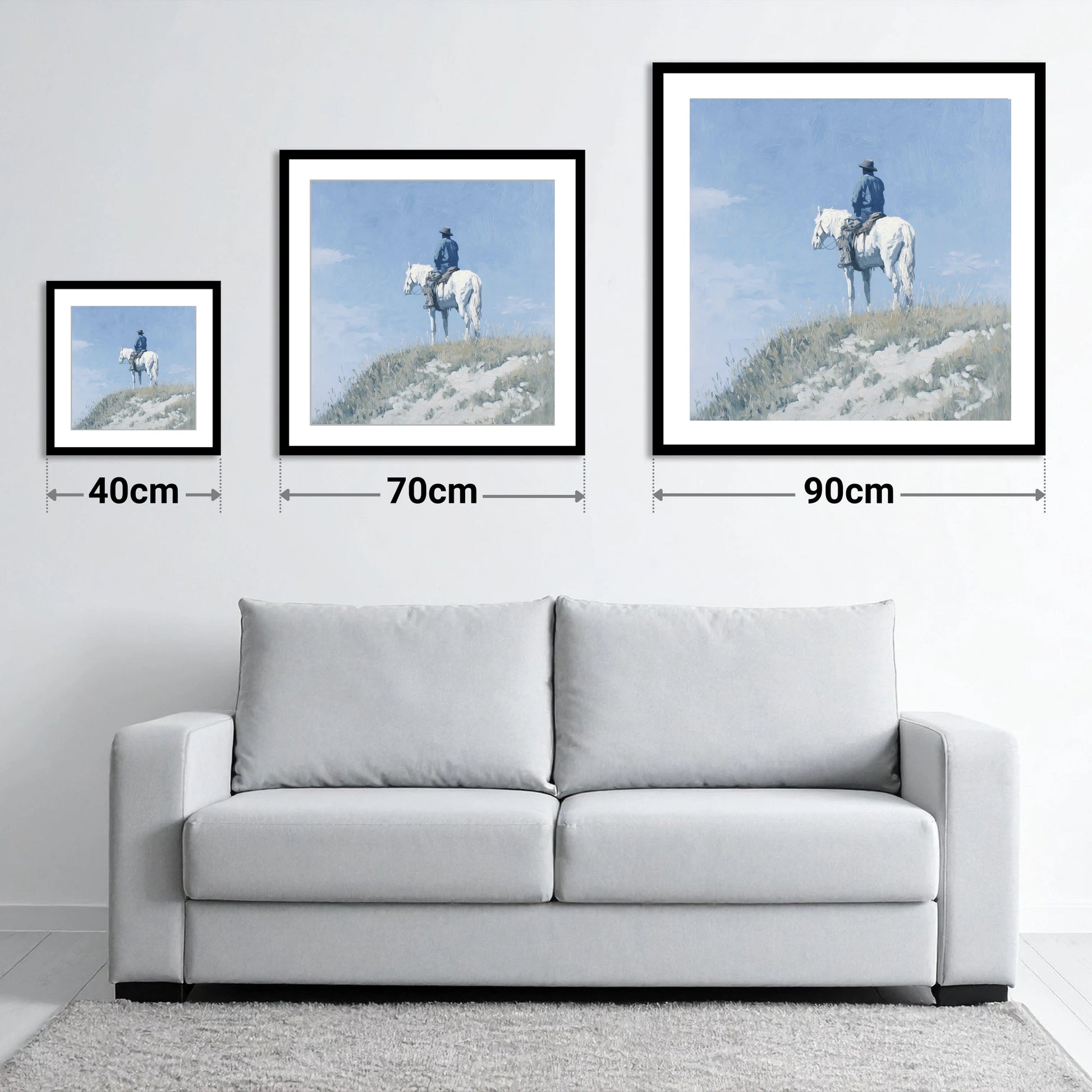 Solitude on the Ridge - size guide showing 40cm, 70cm and 90cm art prints