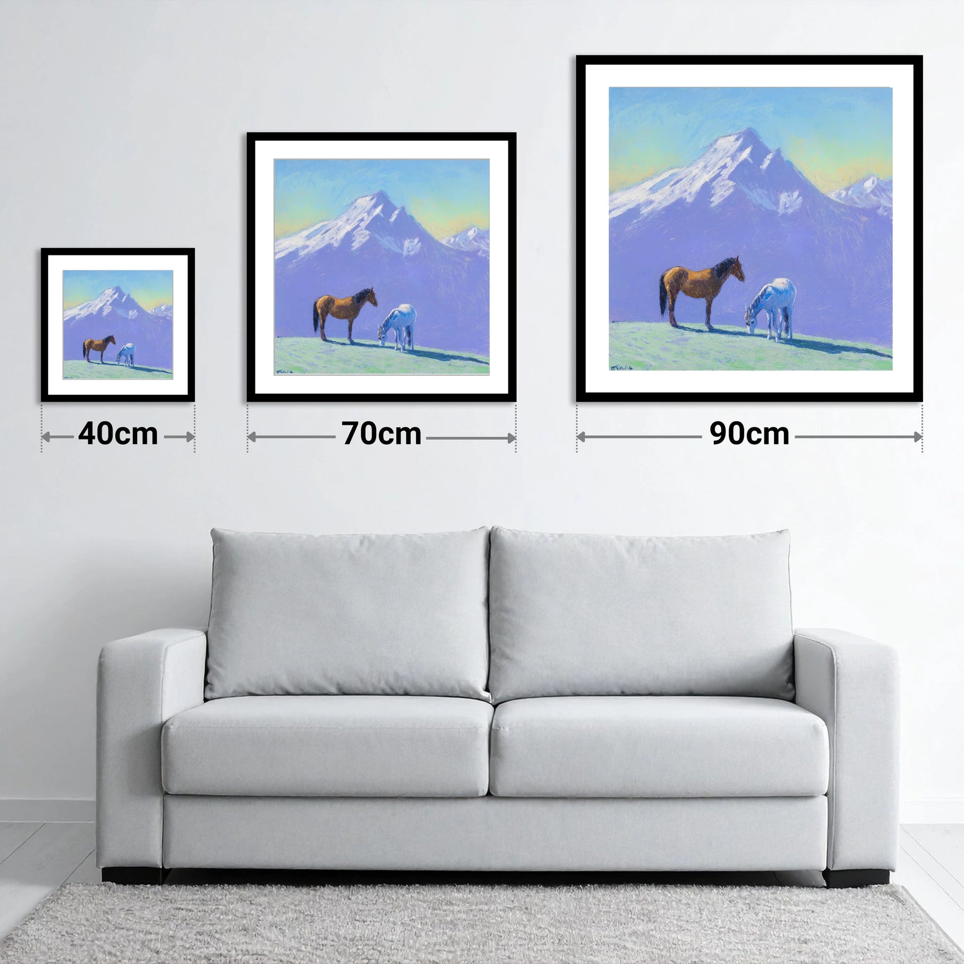 High Country Companions - size guide showing 40cm, 70cm and 90cm art prints