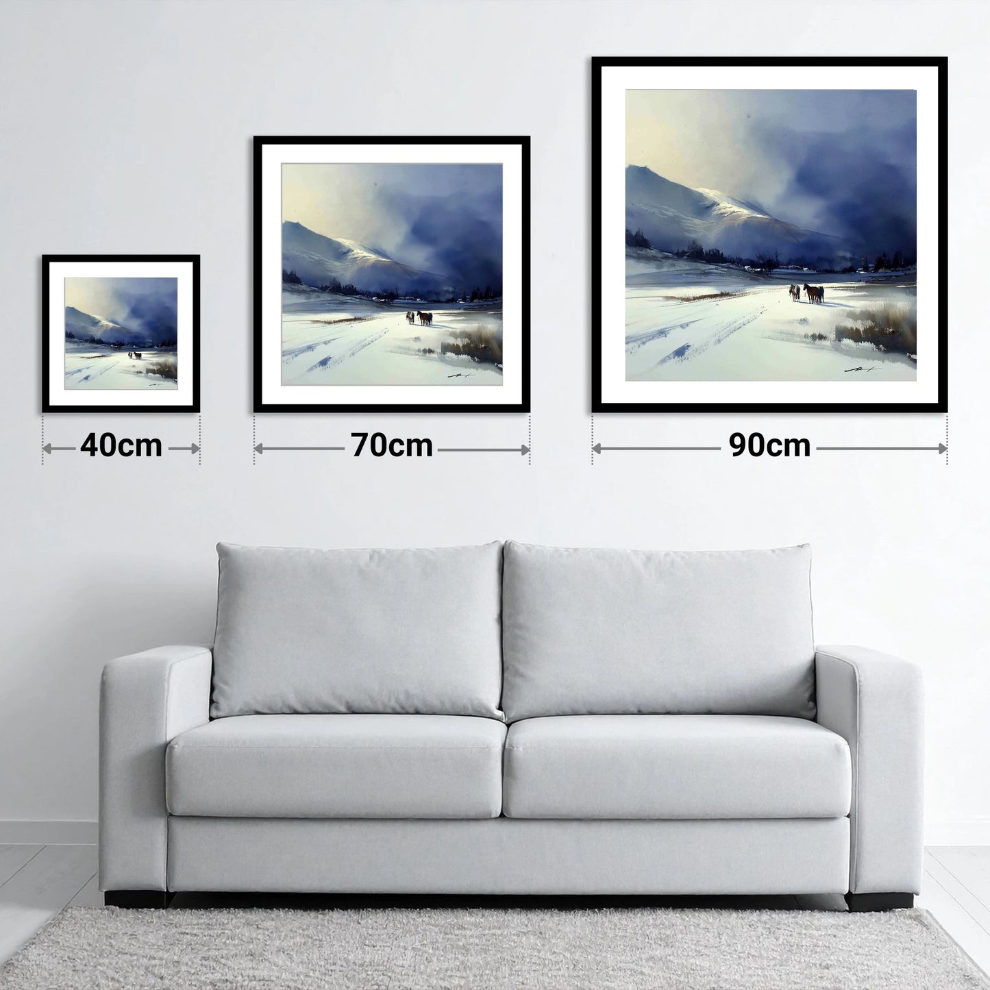 Indigo Winter Valley - size guide showing 40cm, 70cm and 90cm art prints