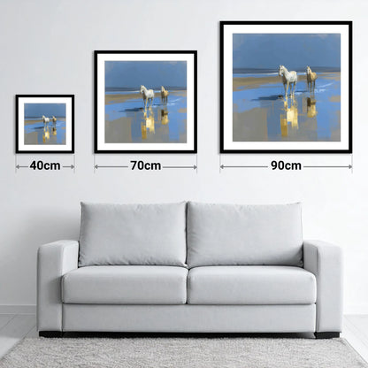 Coastal Reflections - size guide showing 40cm, 70cm and 90cm art prints