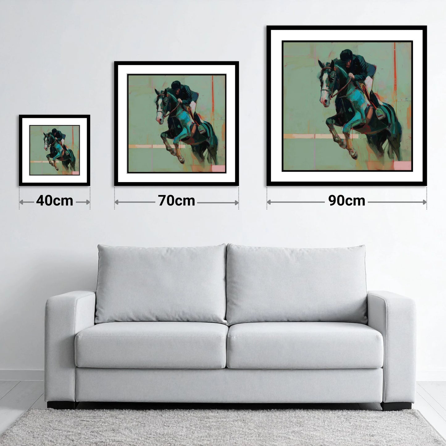 Airborne in Teal - size guide showing 40cm, 70cm and 90cm art prints