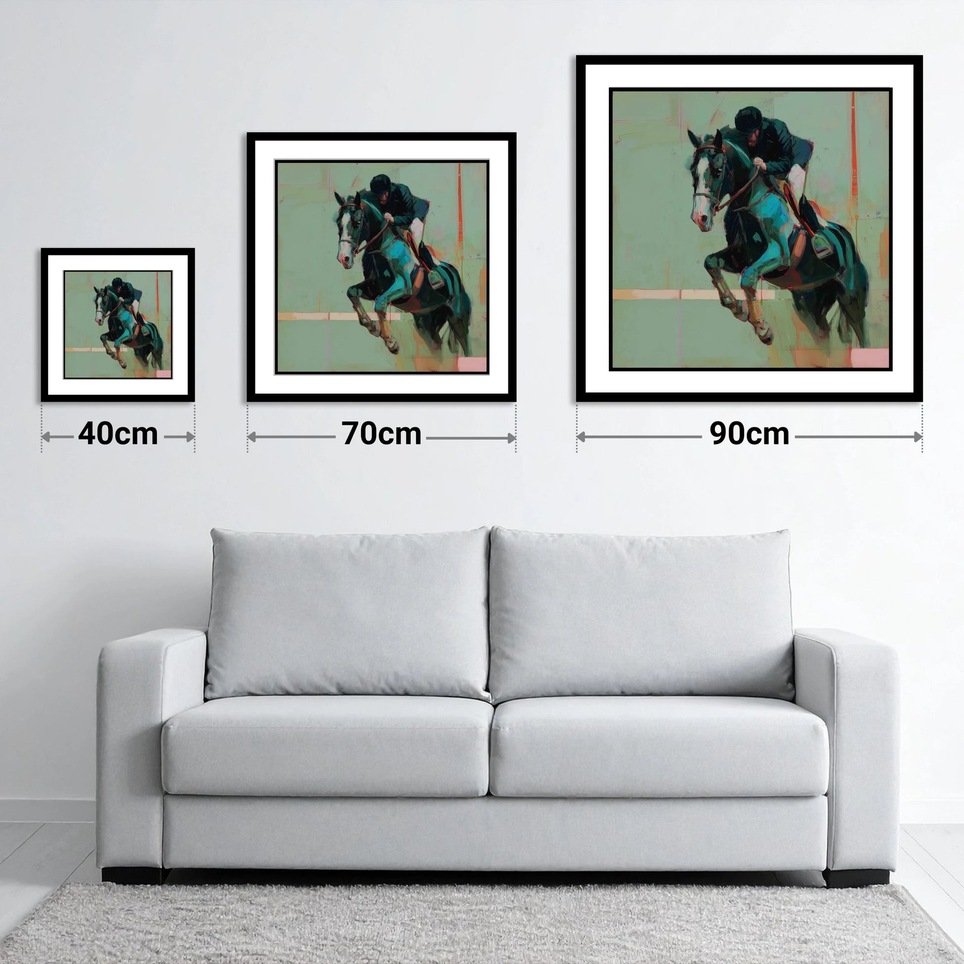Airborne in Teal - size guide showing 40cm, 70cm and 90cm art prints