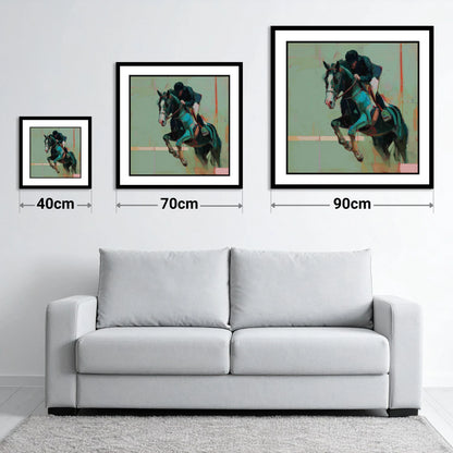 Airborne in Teal - size guide showing 40cm, 70cm and 90cm art prints