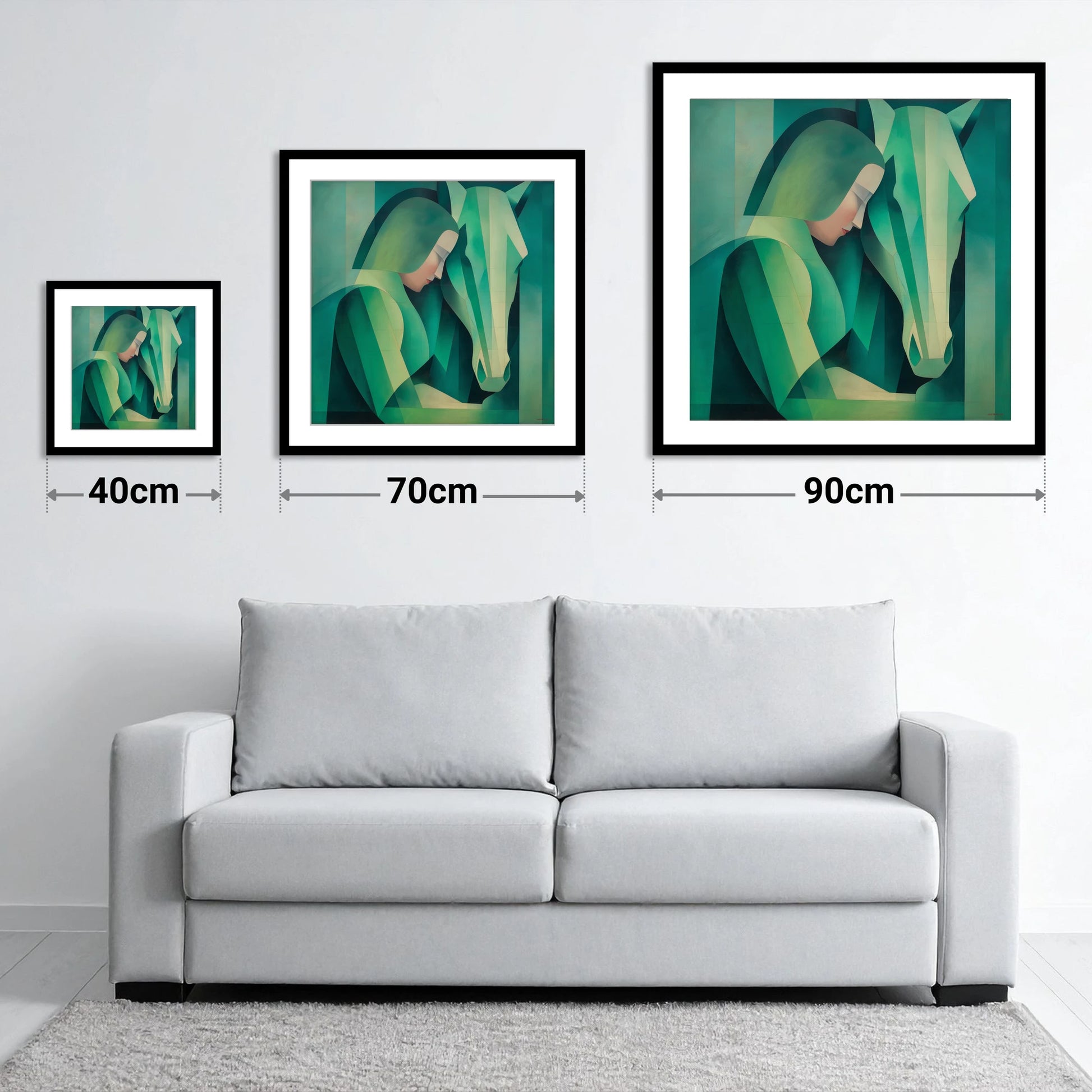 The Emerald Bond - size guide showing 40cm, 70cm and 90cm art prints