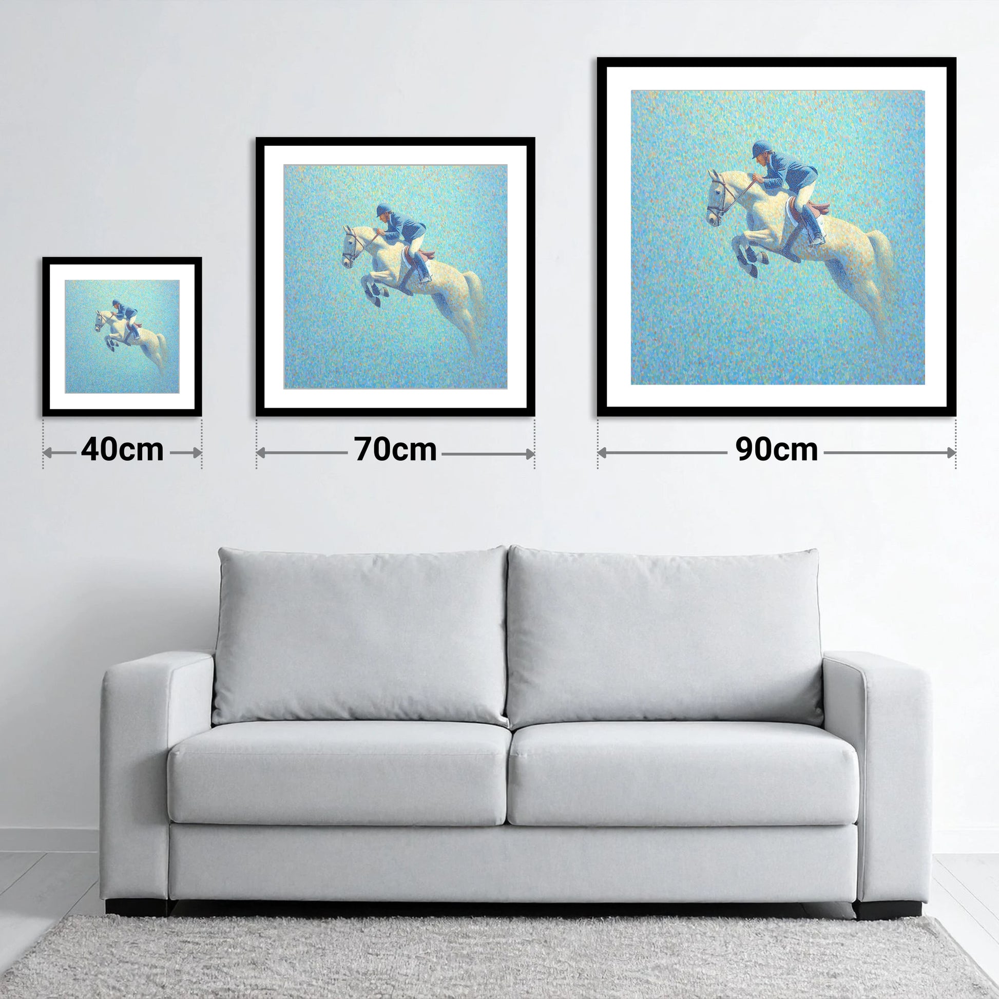 Luminous Flight - size guide showing 40cm, 70cm and 90cm art prints