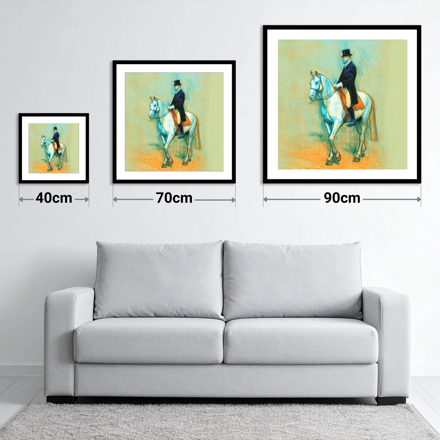 The Classical Master - size guide showing 40cm, 70cm and 90cm art prints