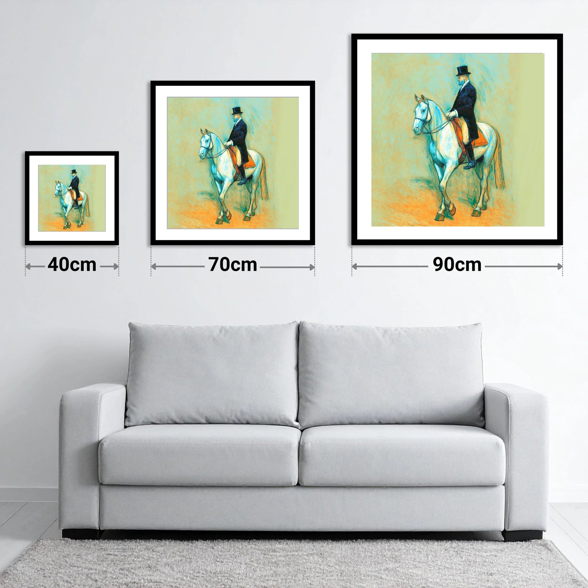 The Classical Master - size guide showing 40cm, 70cm and 90cm art prints