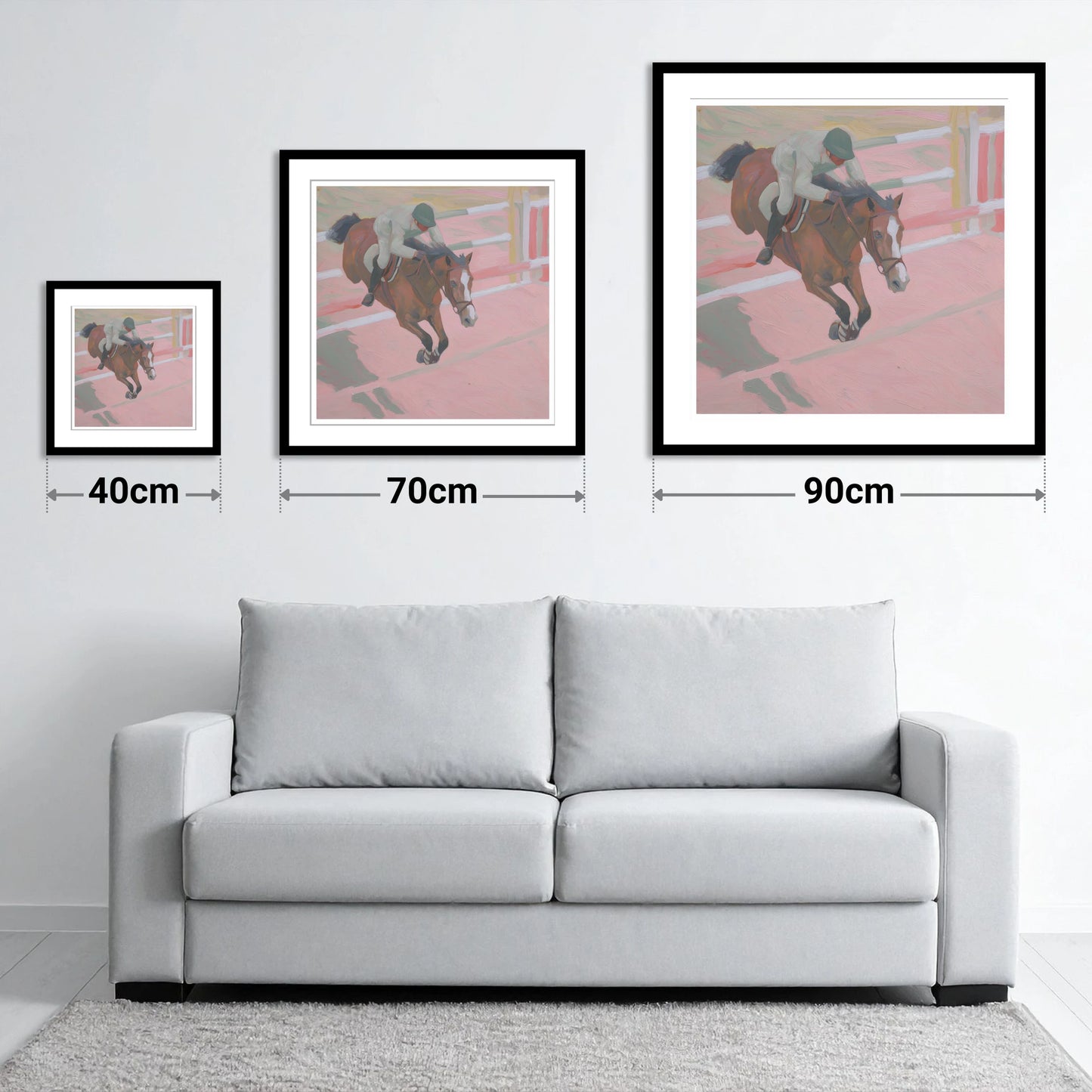 Suspended in Pink - size guide showing 40cm, 70cm and 90cm art prints
