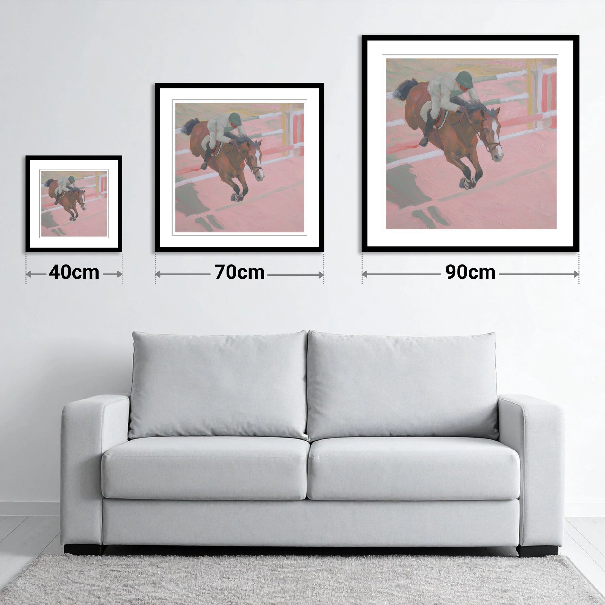 Suspended in Pink - size guide showing 40cm, 70cm and 90cm art prints