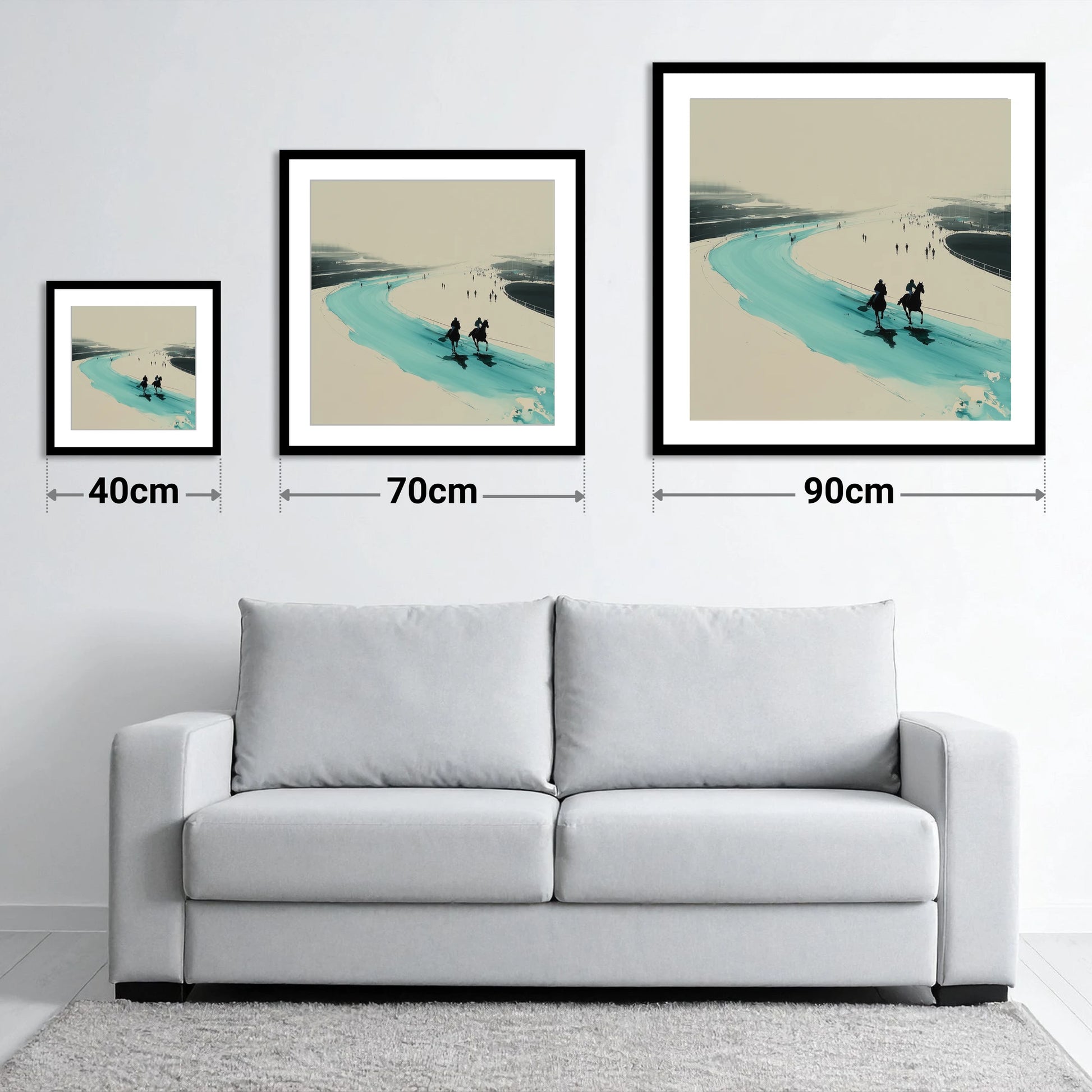 Sweeping the Bend - size guide showing 40cm, 70cm and 90cm art prints