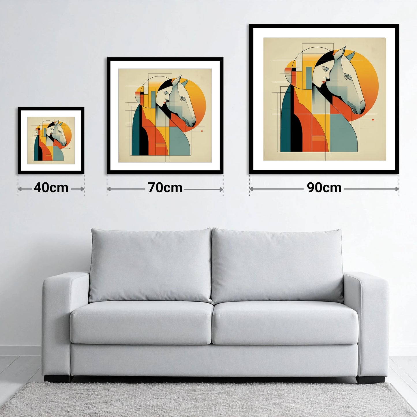 Harmony of Form - size guide showing 40cm, 70cm and 90cm art prints